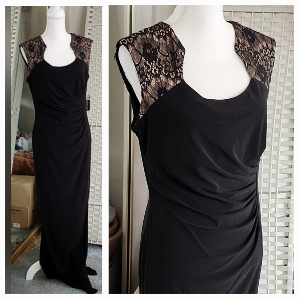 👉*NWT* SEXY LONG BLACK DRESS W/ BLACK LACE & SIDE SLIT ~SIZE: 12 ~40s RETRO